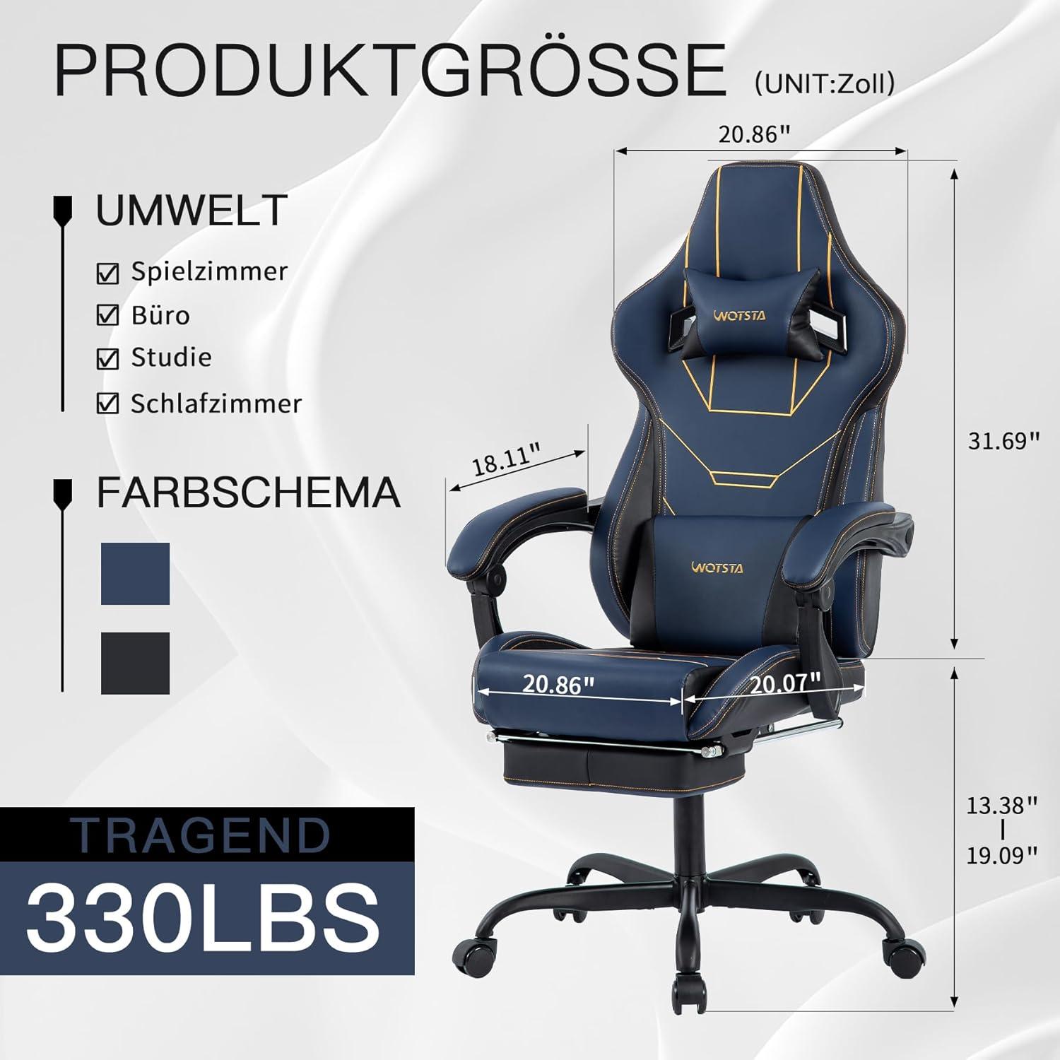 Ergonomischer Gaming Stuhl mit Fußstütze und Lendenwirbelstütze