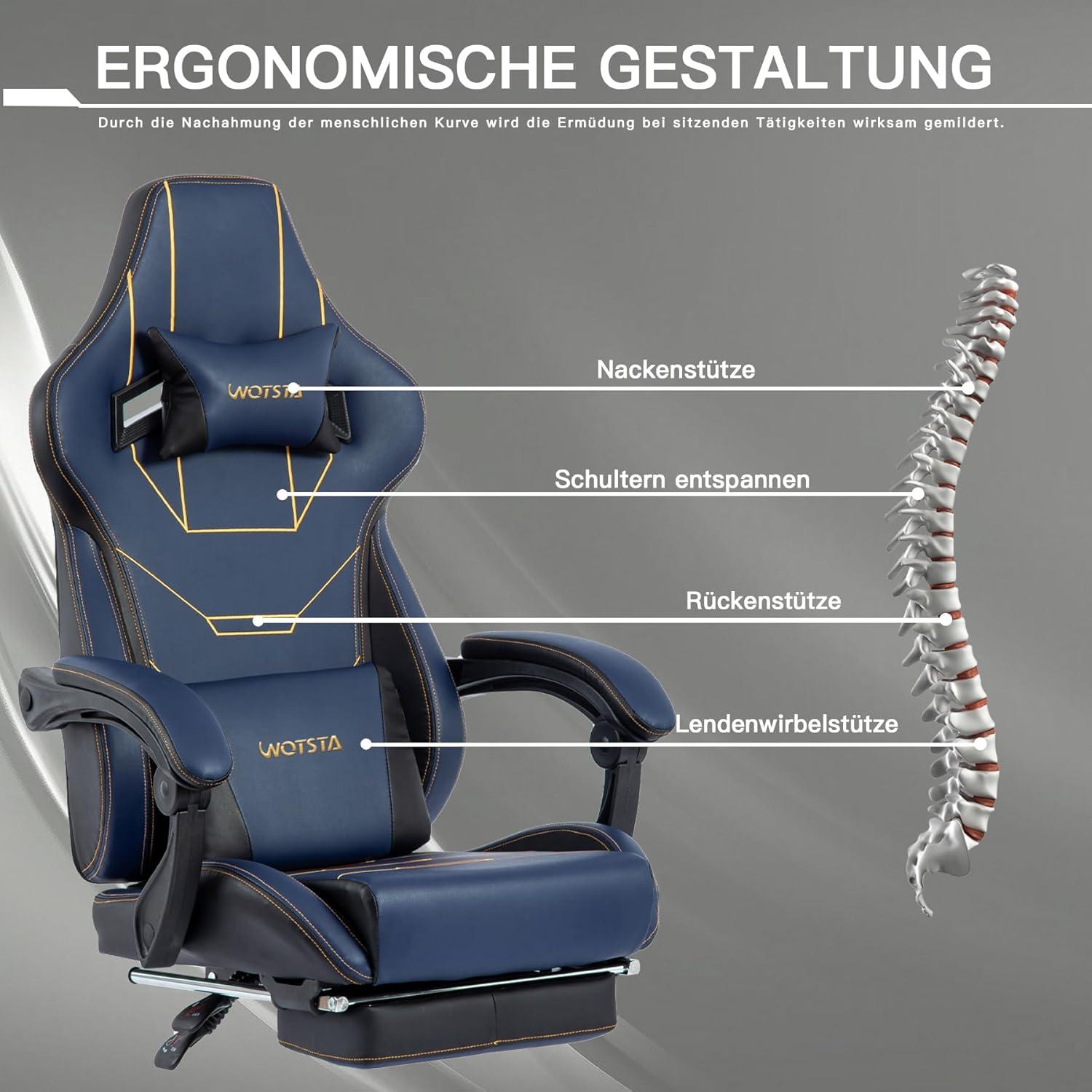 WOTSTA Gaming Chair Blau Bürostuhl ergonomisch mit Fußstütze - höhenverstellbar & gepolstert