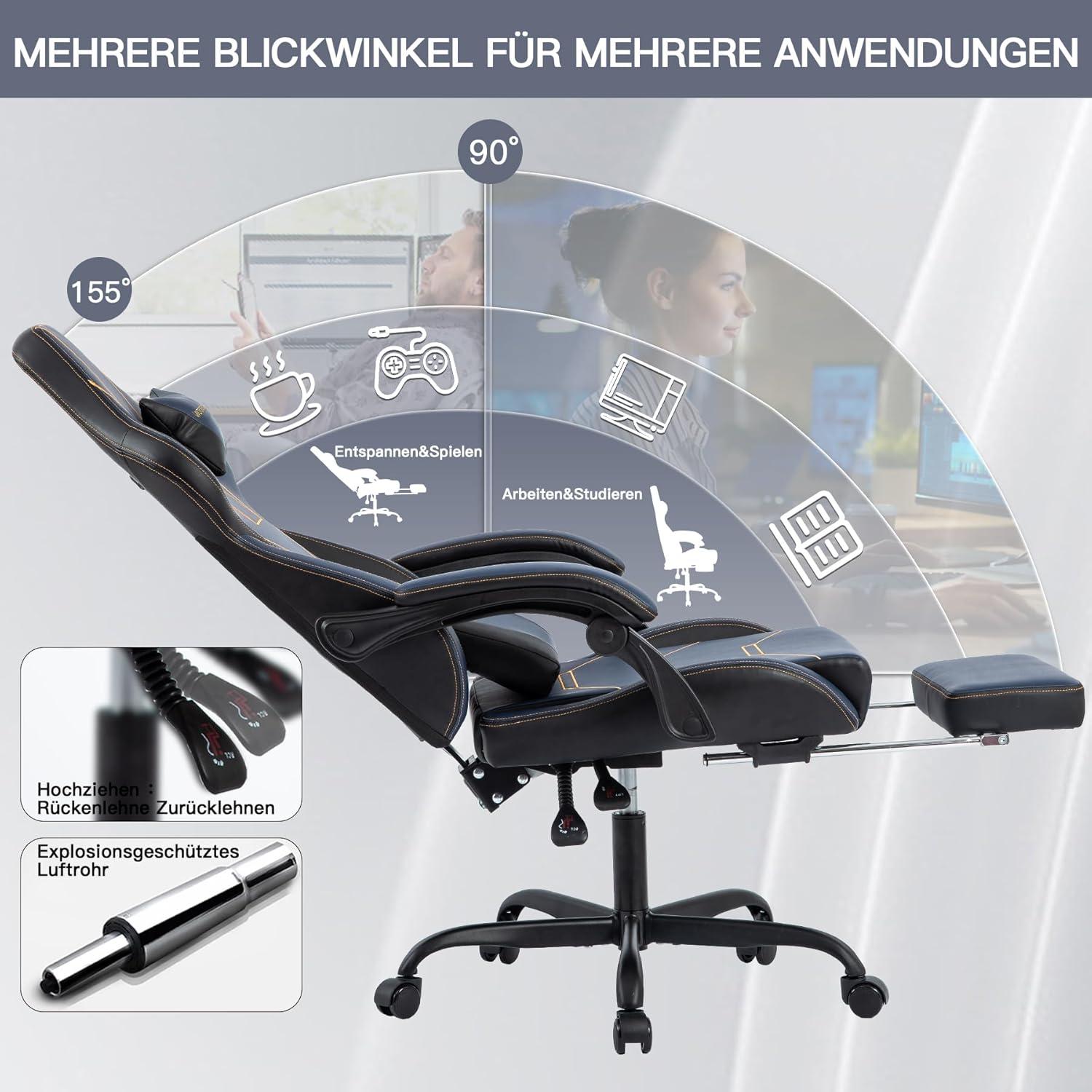 Gaming Chair Bürostuhl mit Fußstütze Racing Computerstuhl Höhenverstellbar Blau