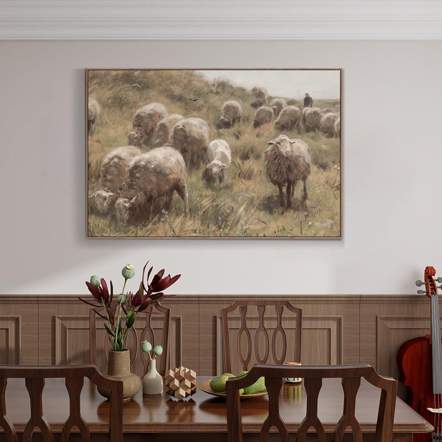 Vintage Leinwand Bild 50x75 cm mit Rahmen Holz Schafherde