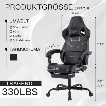 Ergonomischer Gaming Stuhl mit Fußstütze und Lendenwirbelstütze