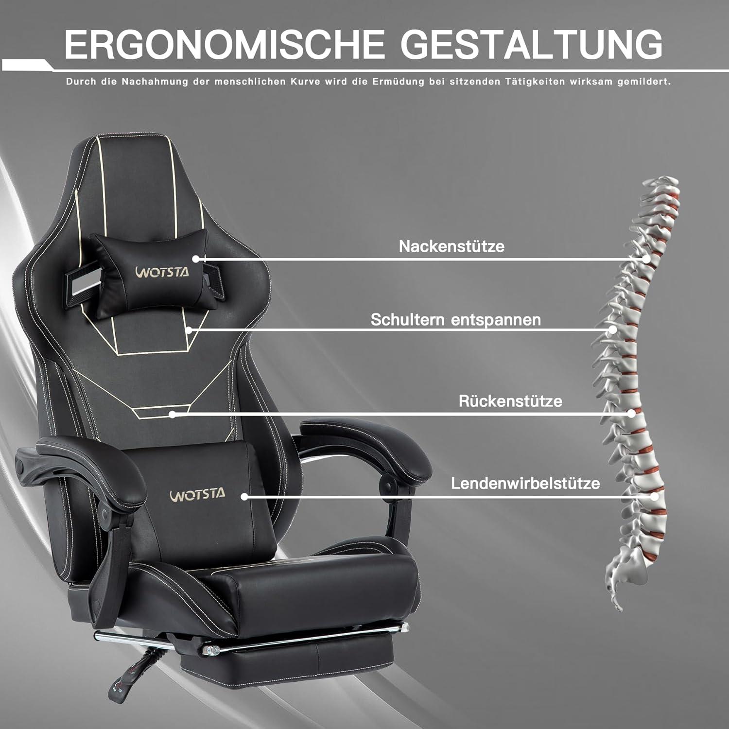 Ergonomischer Gaming Stuhl mit Fußstütze - Schwarz, Höhenverstellbar, Gepolstert