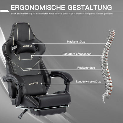 Ergonomischer Gaming Stuhl mit Fußstütze - Schwarz, Höhenverstellbar, Gepolstert