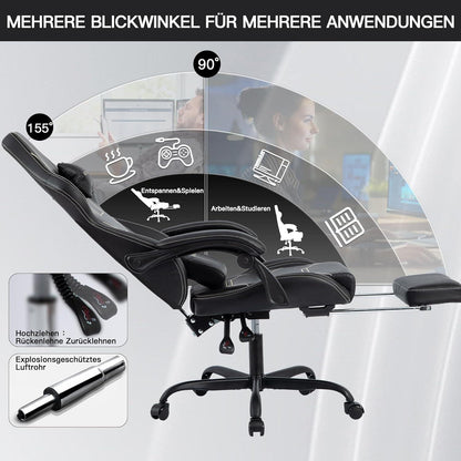 Gaming Stuhl mit Fußstütze und Lendenwirbelstütze Schwarz