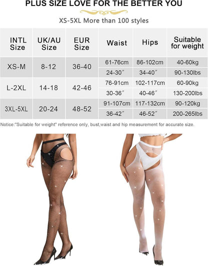 Damen Sexy Glitzer Strumpfhose Ouvert Große Größen Schwarz L-XXL