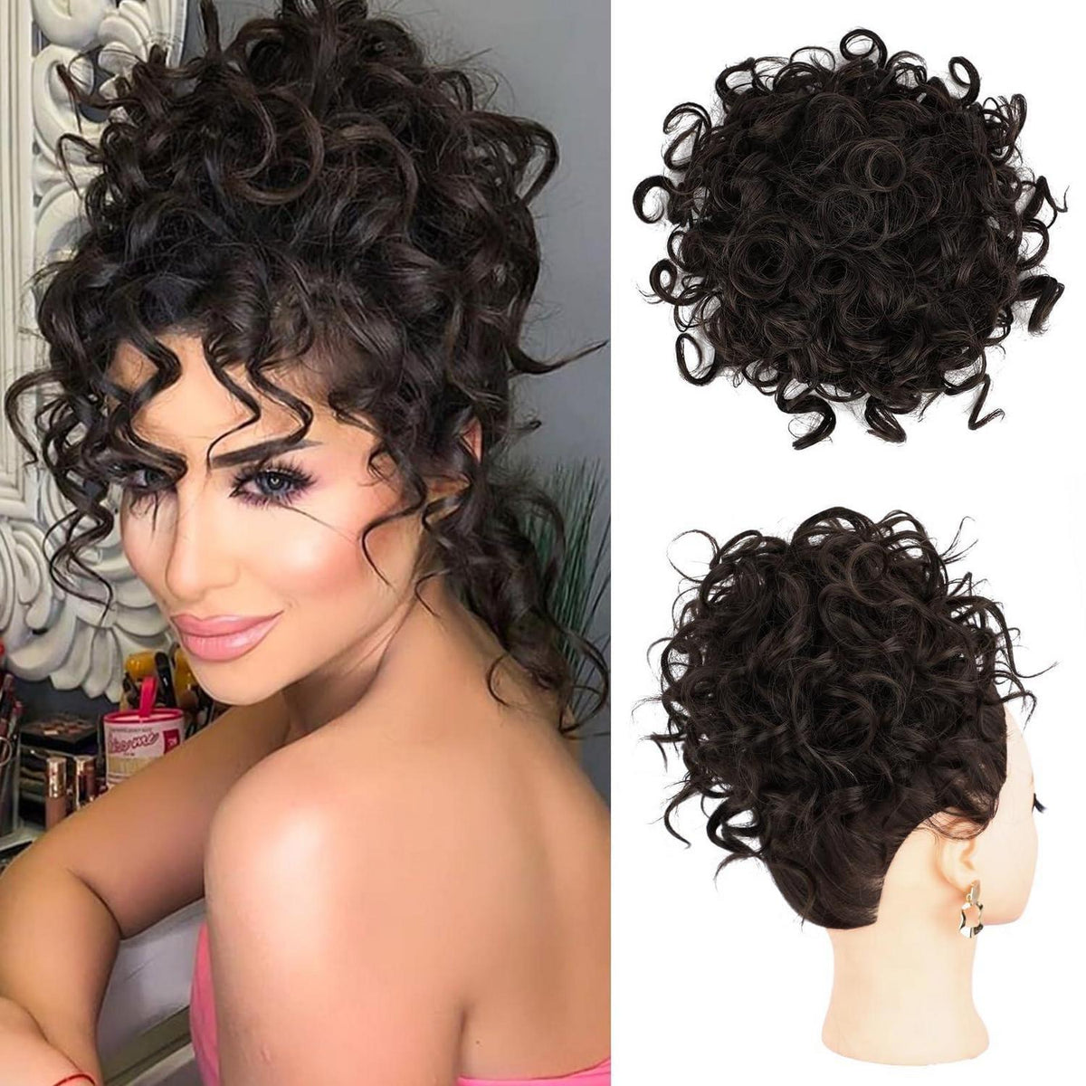 Messy Bun Haarteil Lockige Duttverlängerung Schwarz Braun