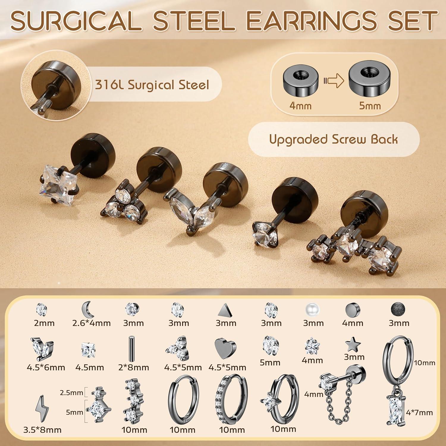 25 Stück Hypoallergen Helix Piercing Ohrringe Set Edelstahl