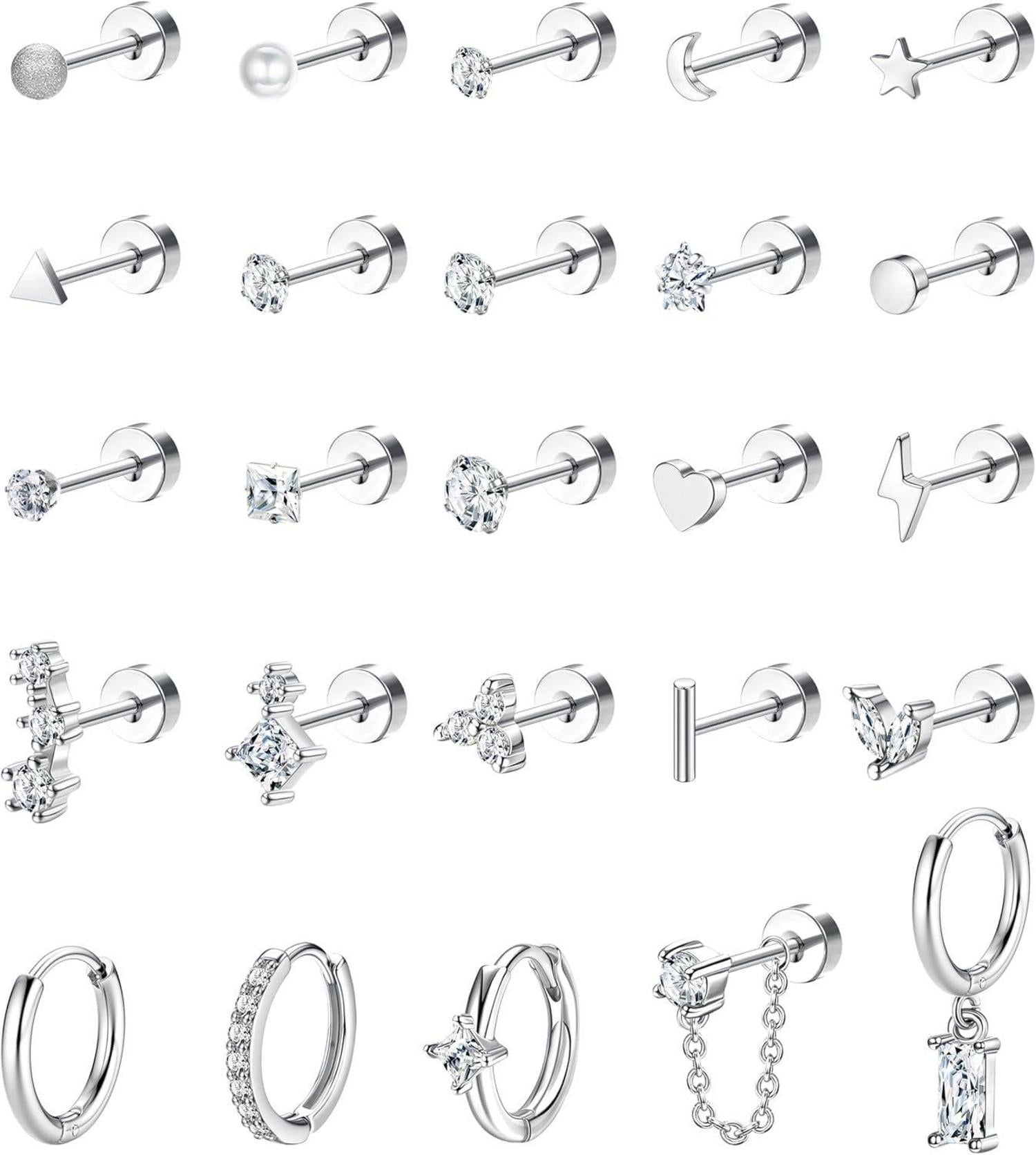 25-teiliges Hypoallergenes Chirurgenstahl Ohrringe Set Zirkonia