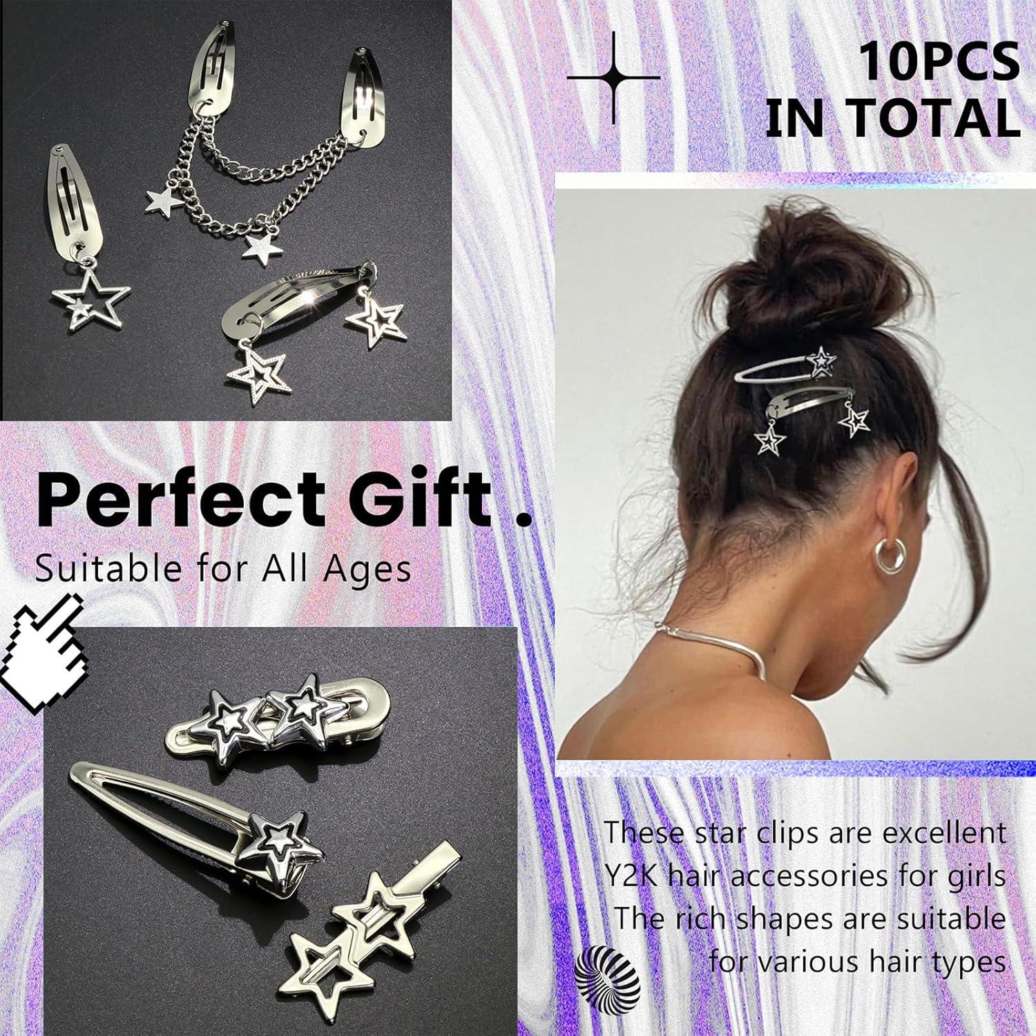 10 Stück Silber Haarspangen Y2K Stern Pentagramm Haarclips