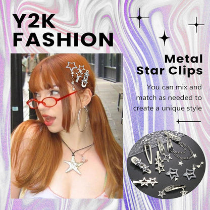 10x Silber Haarspangen Y2K Stern Pentagramm Haarclips Frauen