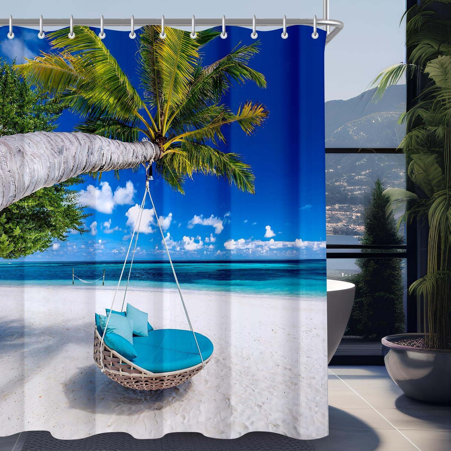 Duschvorhang Strandmuster 200x200cm, Wasserabweisend, Waschbar, Polyester, 12 Ösen, Badewanne