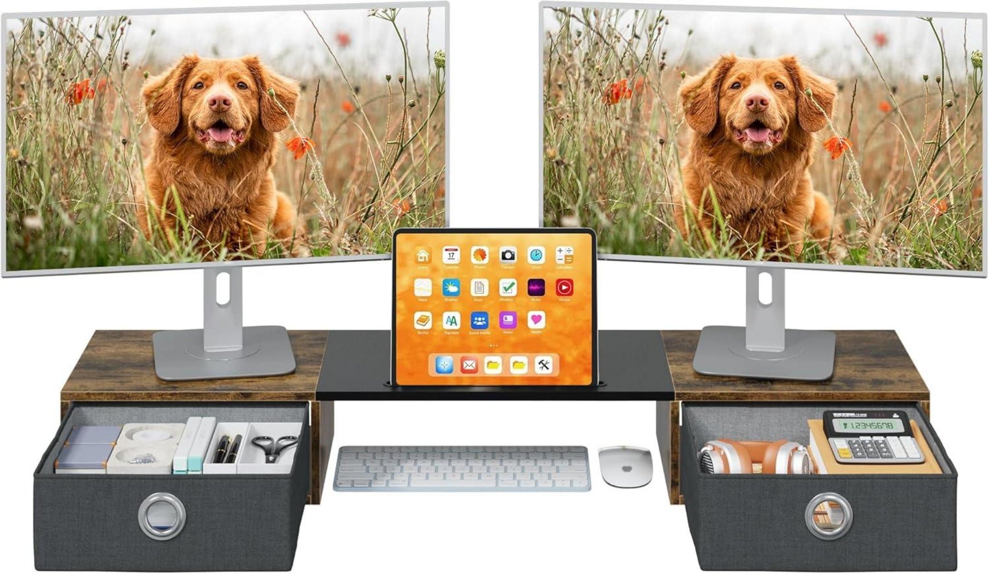 BildschirmerhöHung 2 Monitore Monitorständer Schublade Holz Riser TV