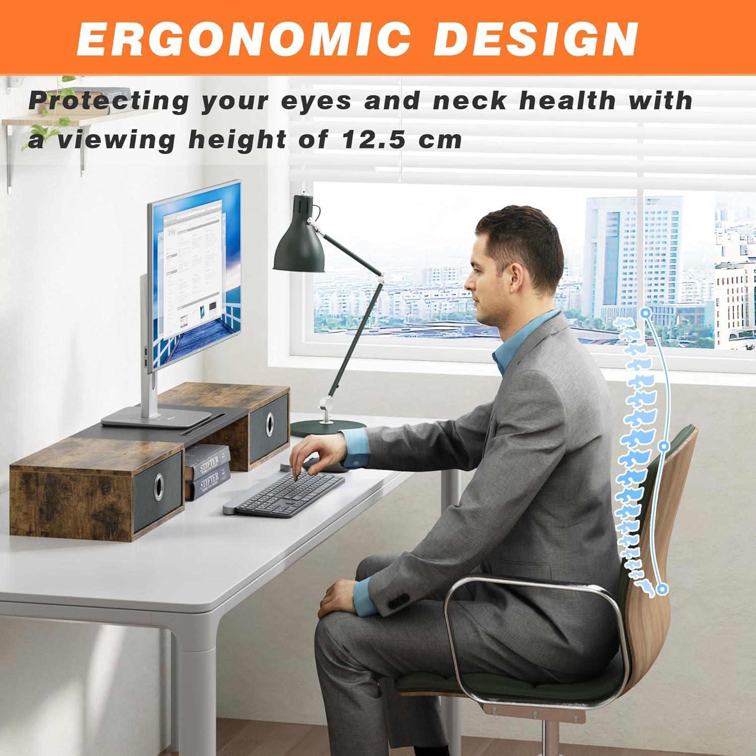 Monitorständer mit Schublade 92cm - Holz Riser für 2