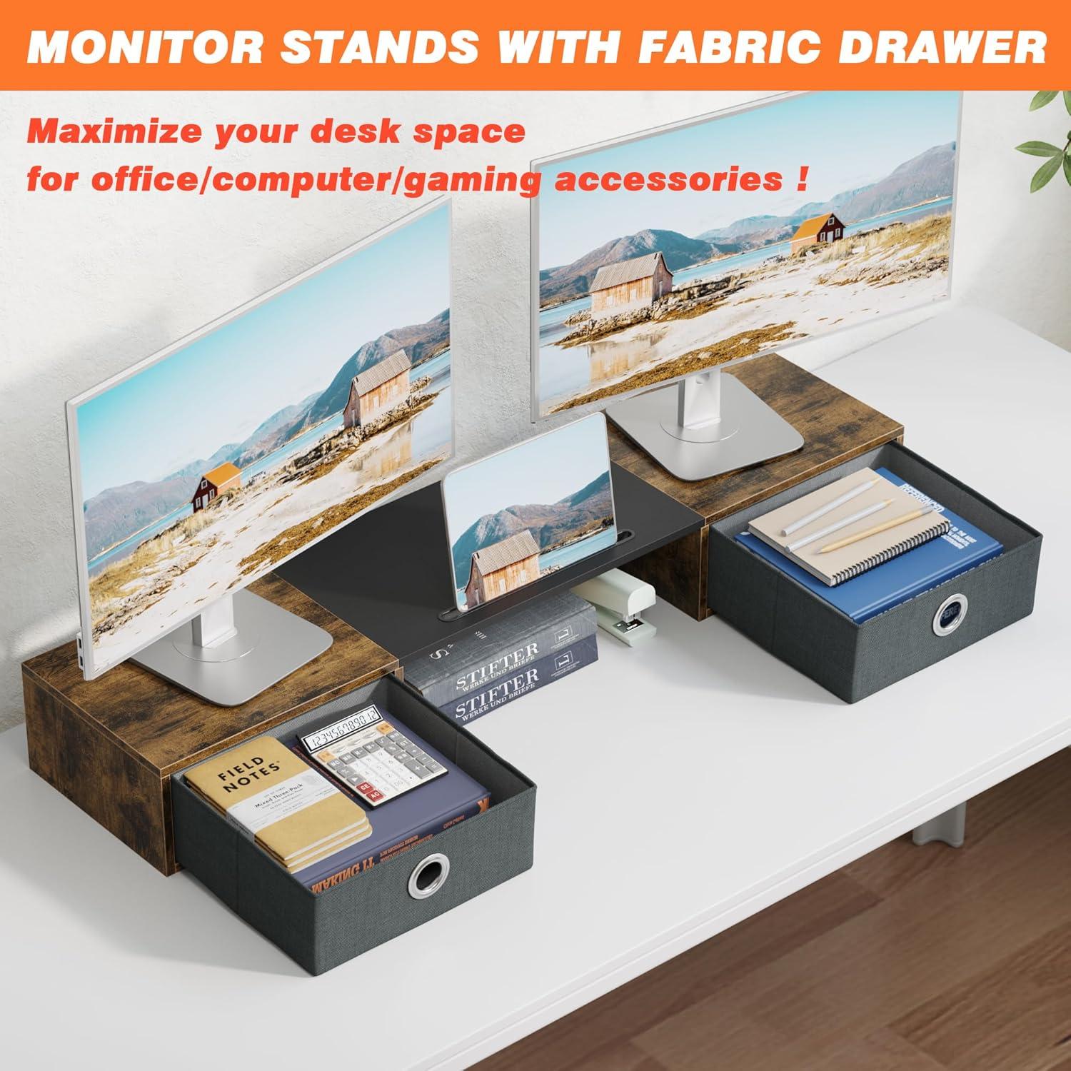 Monitorständer 2 Monitore mit Schublade, erhöhte Ergonomie, Holz Optik