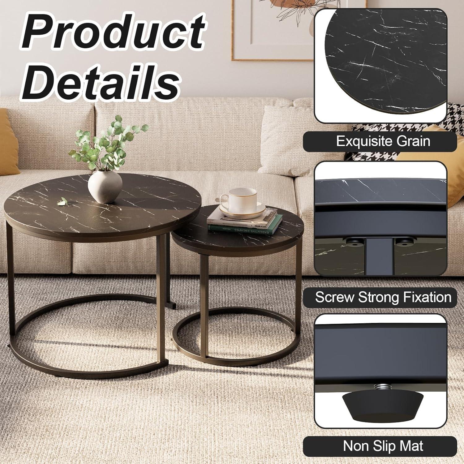 Couchtisch Set Rund Schwarz Metallgestell Marmor Tischplatte