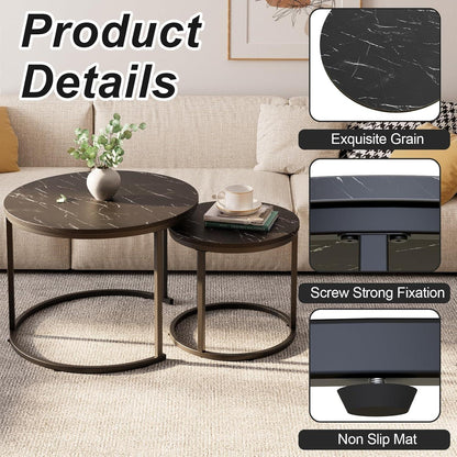 Couchtisch Set Rund Schwarz Metallgestell Marmor Tischplatte