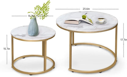 Runder Couchtisch Satztisch Set Holz Metall Marmoroptik