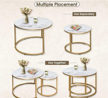 Runde Couchtische Set Holz Metall Gold Weiß Marmorplatte