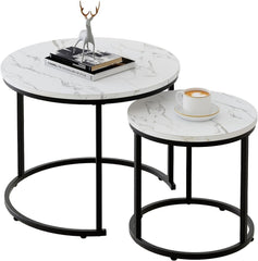 Runder Couchtisch Set Holz Metall Marmorplatte Wohnzimmer 2er Set