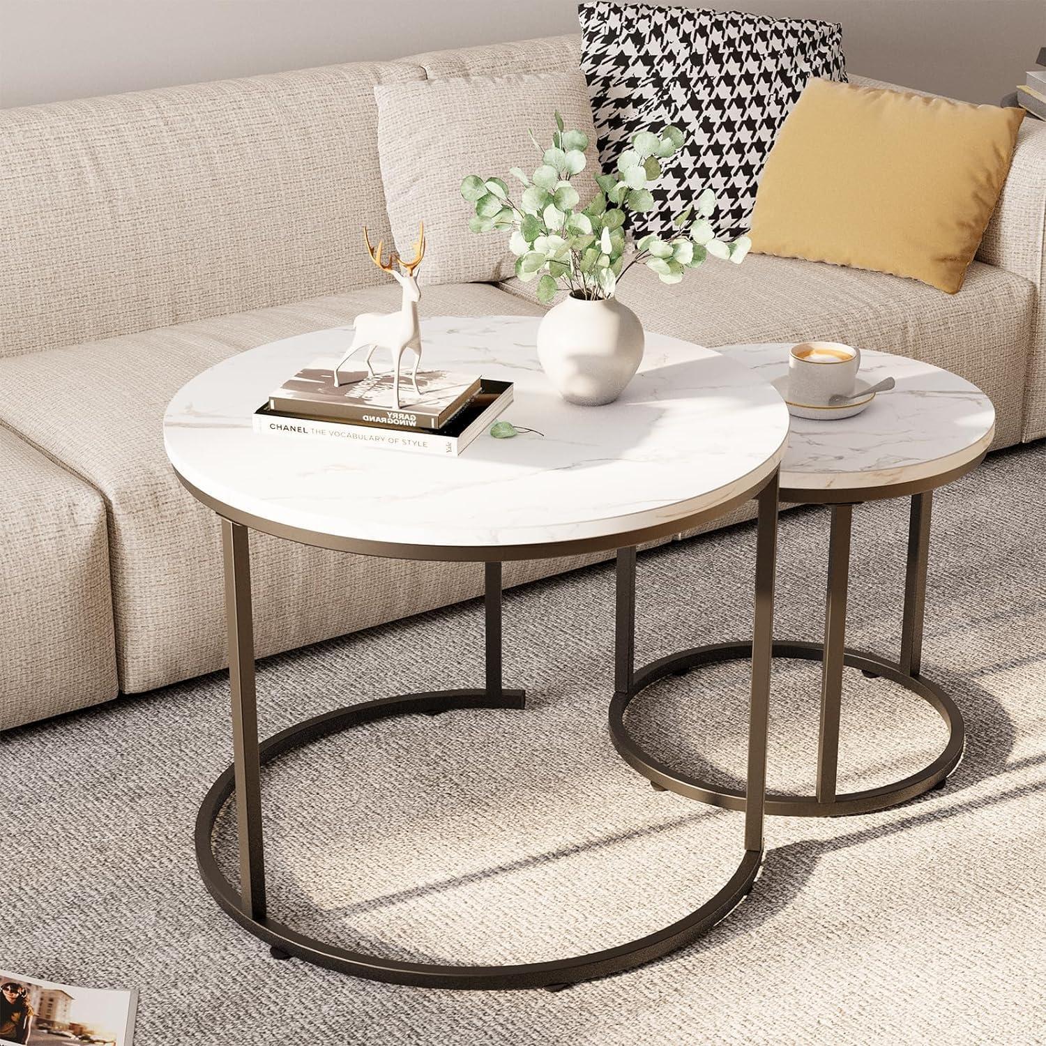 Couchtisch 2er Set Schwarz Metallgestell Weiß Marmor
