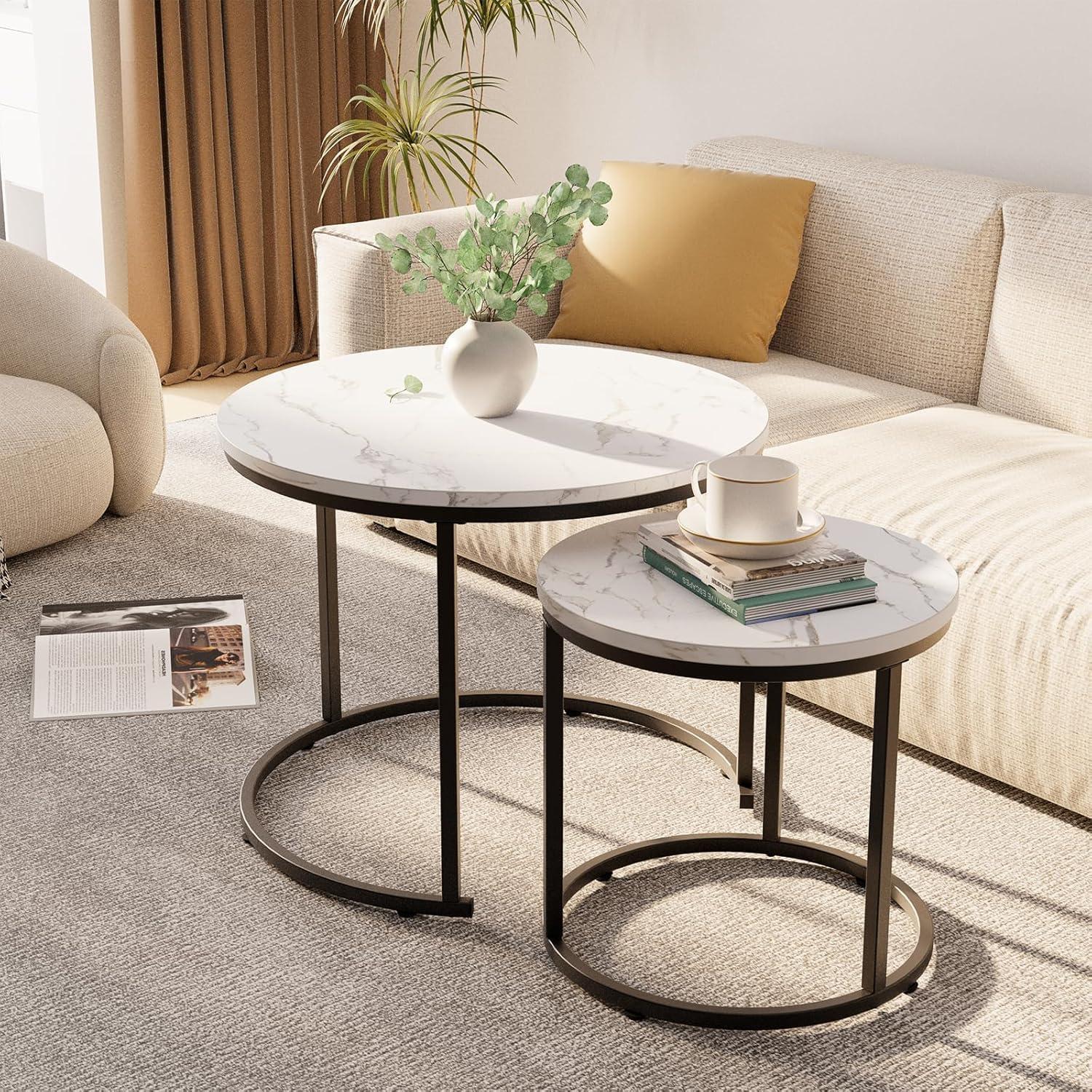 Runder Couchtisch Set Schwarz-Weiß Marmor Metallgestell
