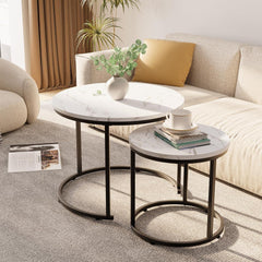 Runder Couchtisch Set Schwarz-Weiß Marmor Metallgestell