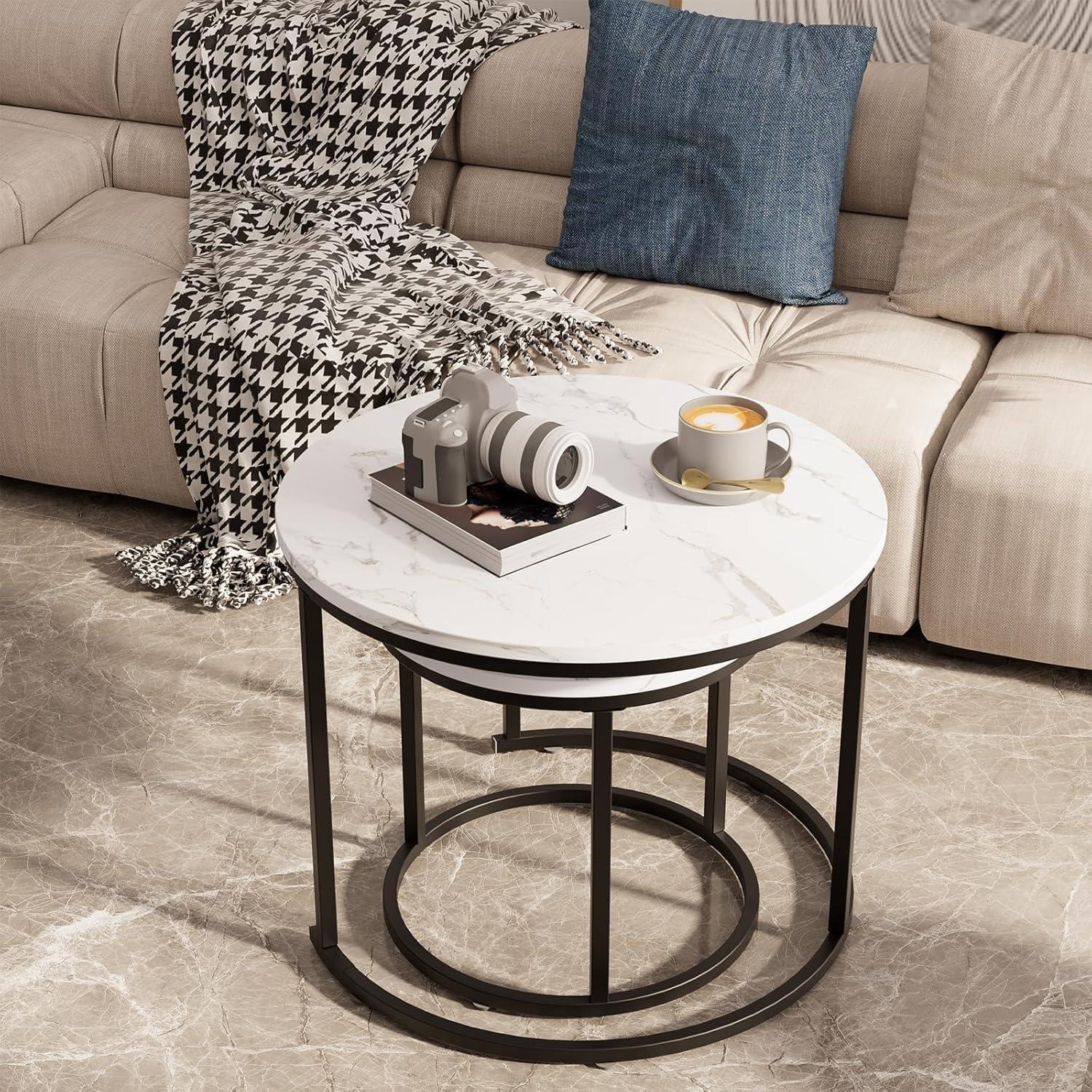Runde Couchtische Set Schwarz Metall Weiß Marmorplatte