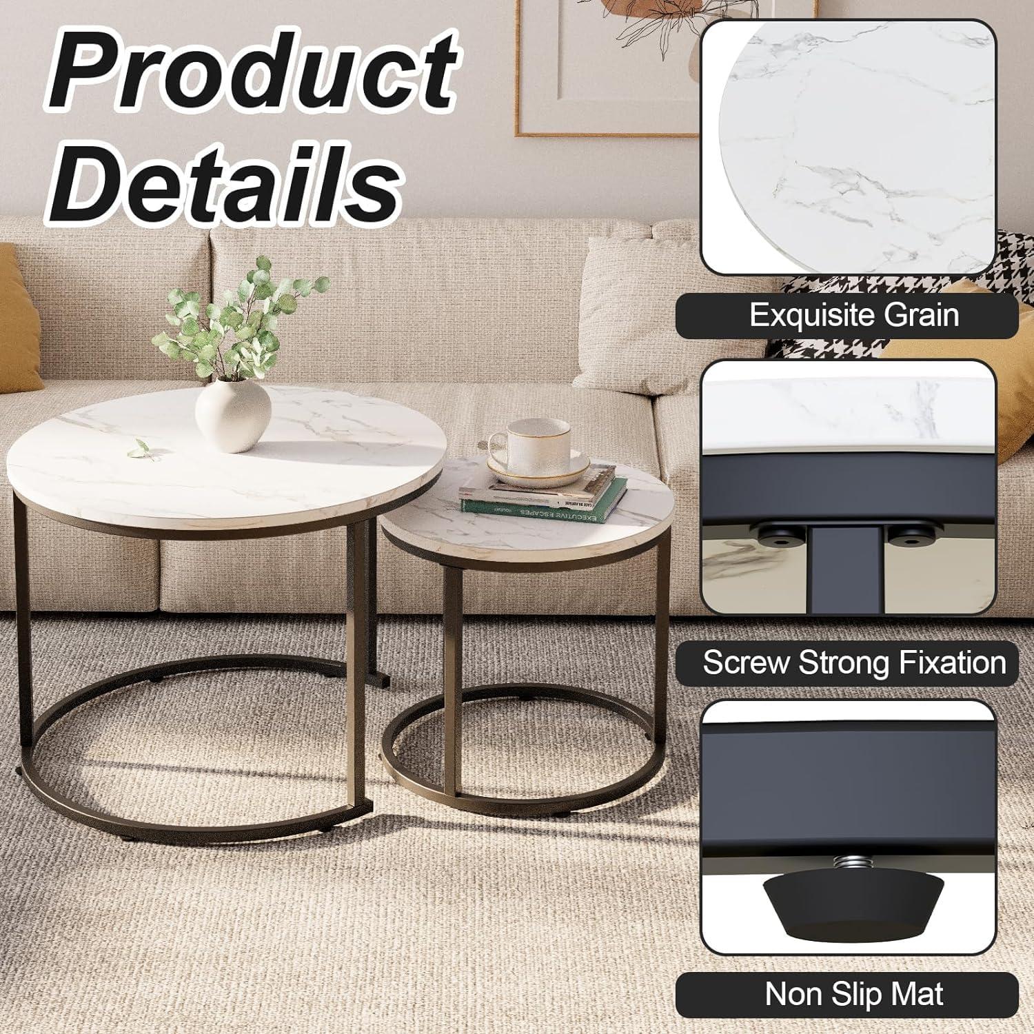 Runder Couchtisch 2er Set Holz Schwarz Metallgestell Marmorplatte