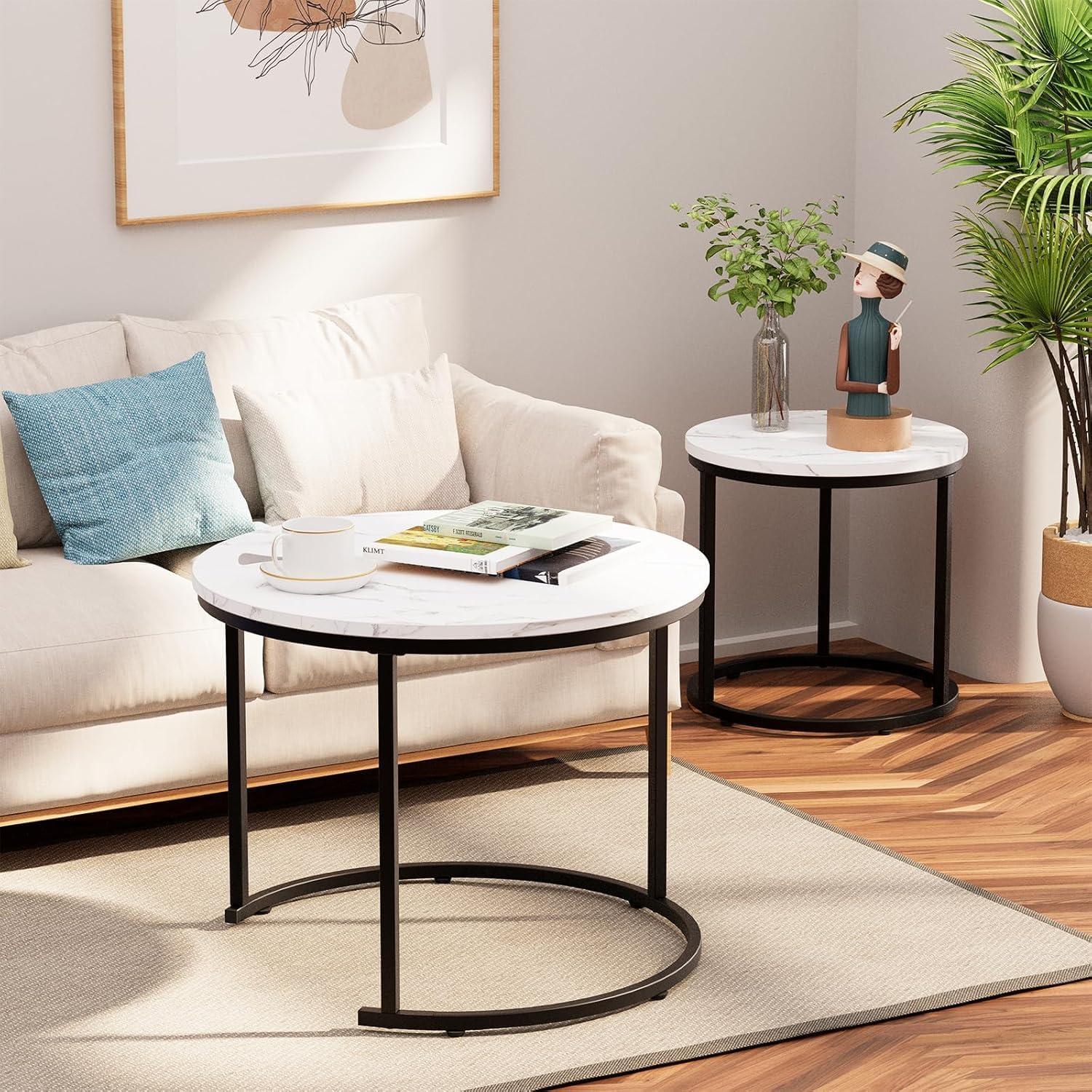 Runder Couchtisch Set Schwarz-Weiß Marmor Metallgestell