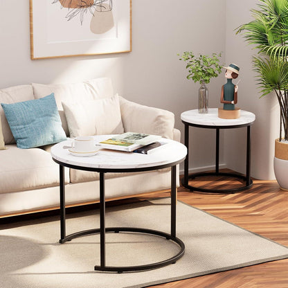 Runder Couchtisch Set Schwarz-Weiß Marmor Metallgestell