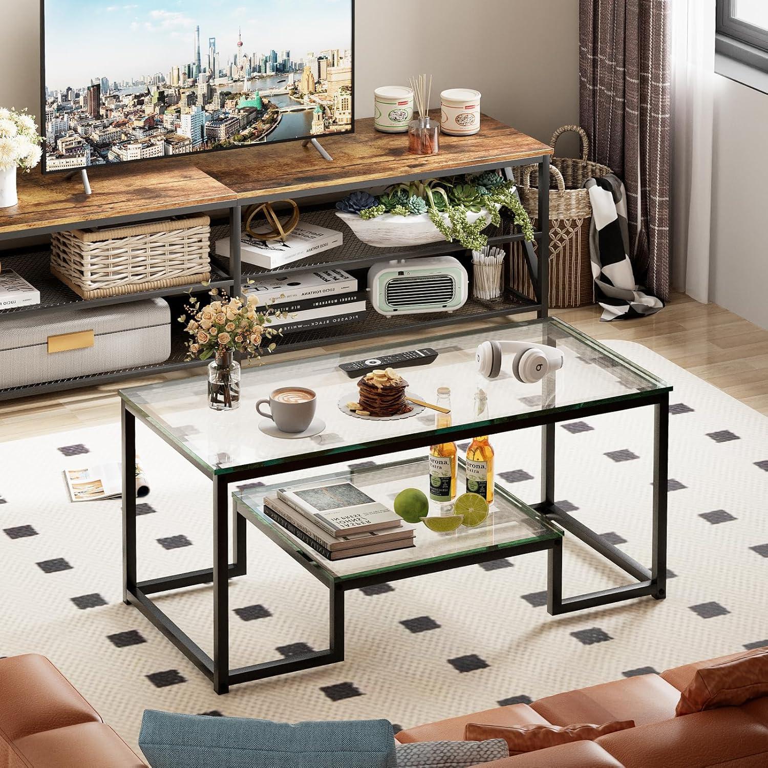 Couchtisch Glastisch Schwarz 2 Ebenen 100x48x45cm moderner Stil