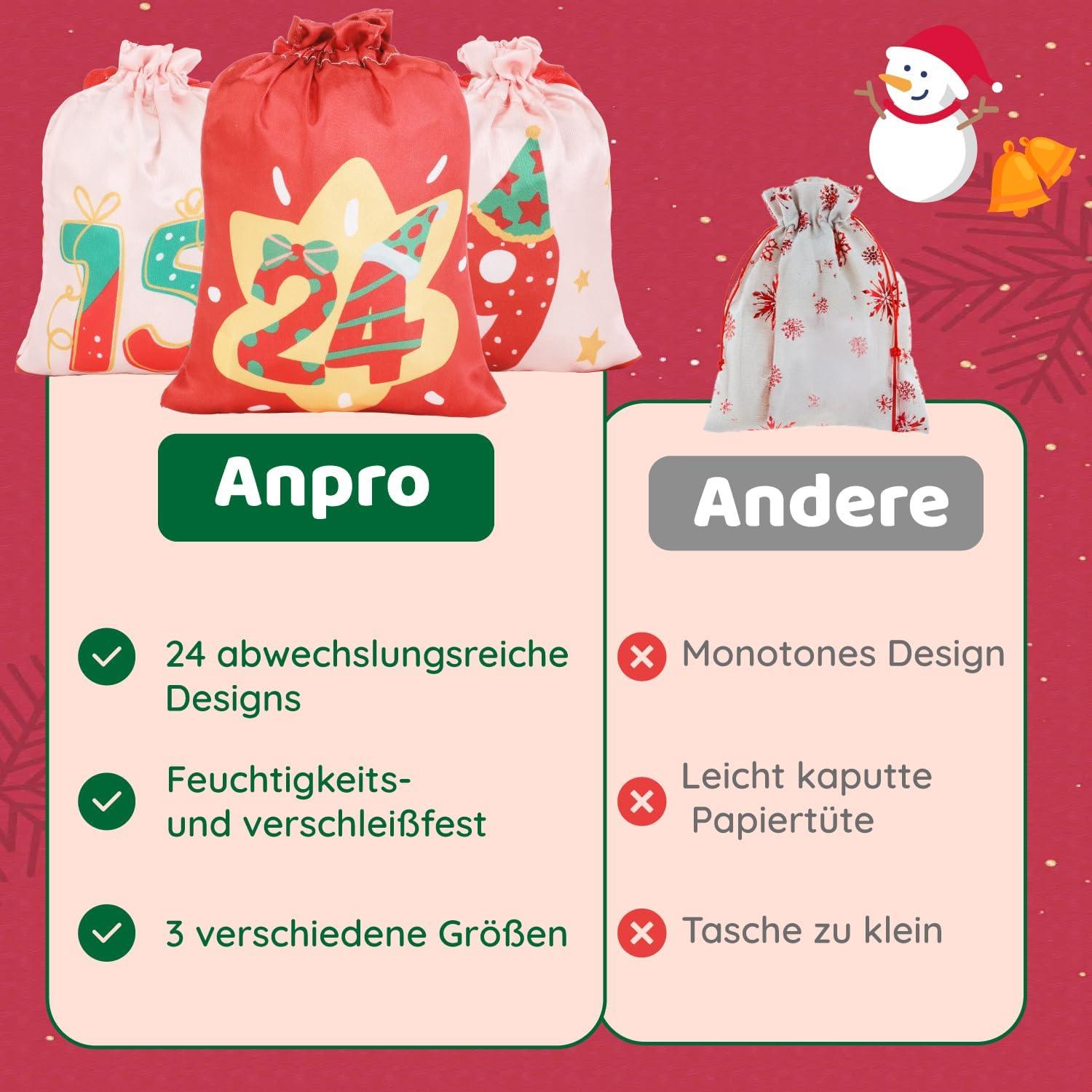 Anpro DIY Adventskalender Stoffsäckchen 24 Weihnachtskalender 2024 für Kinder