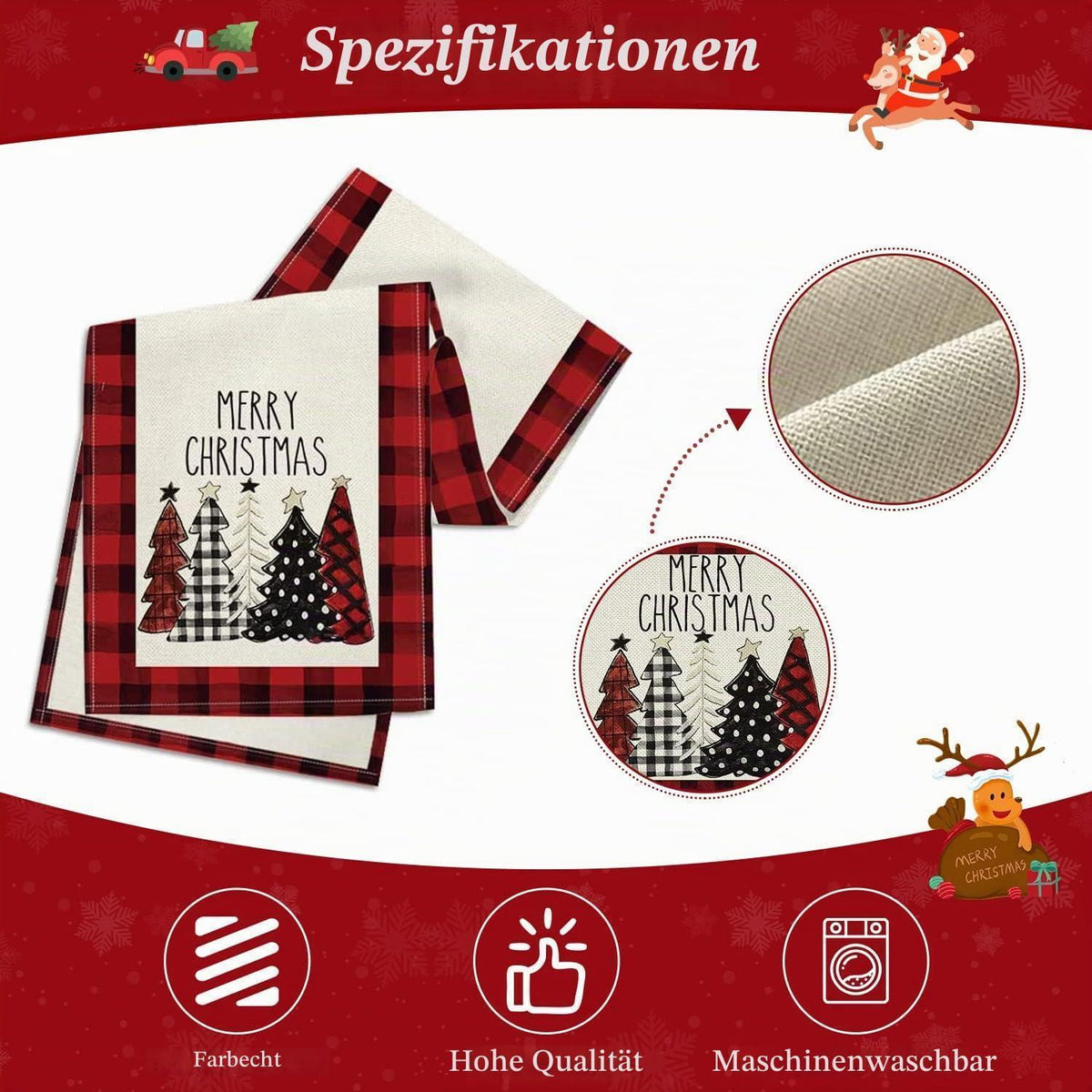 Roter Leinen Tischläufer Weihnachten 180 cm - Moderne Weihnachtsdeko
