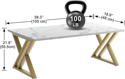 Moderner Couchtisch Holz Marmor Weiß Gold Metall 100 x 48 x 55 cm