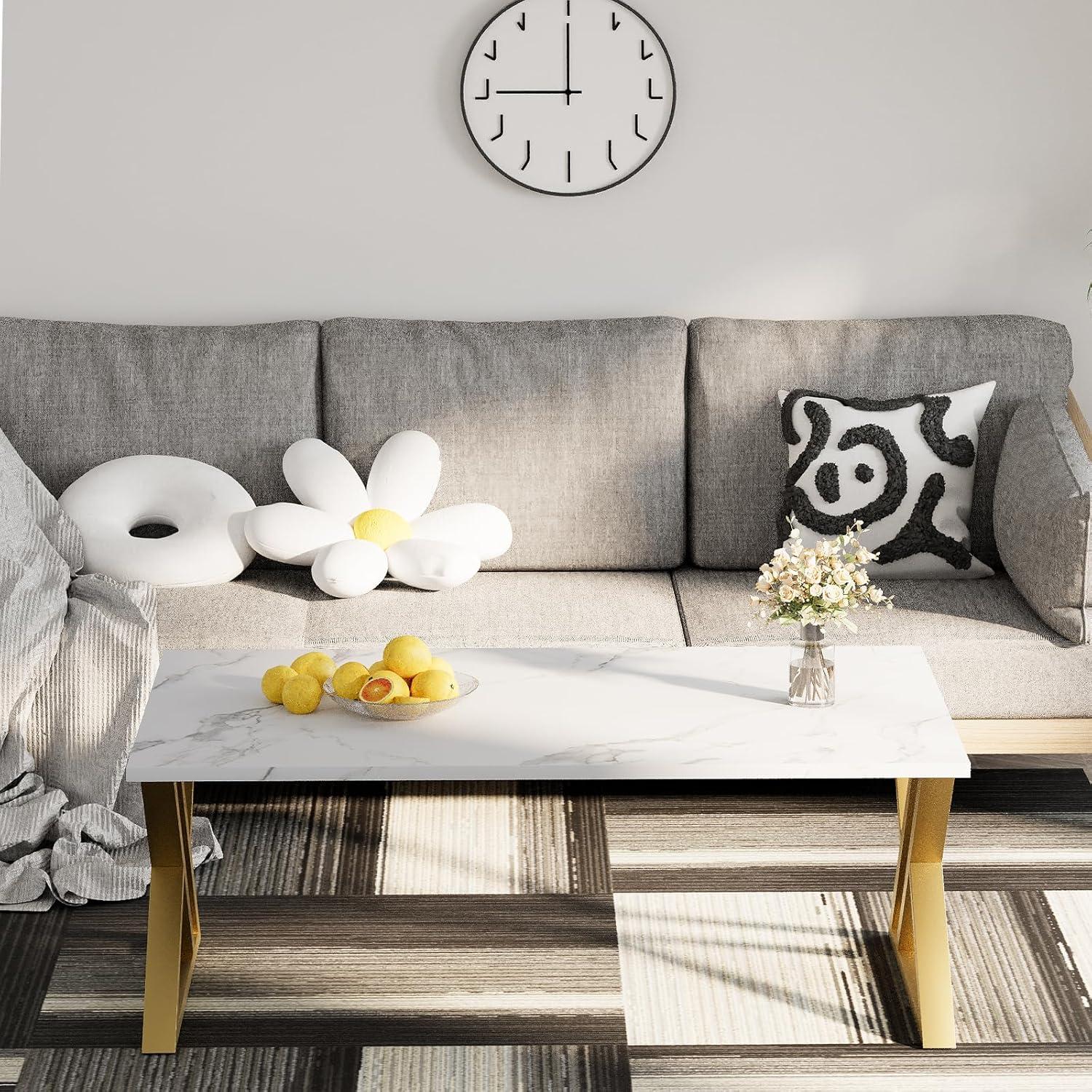 Couchtisch Holz Marmor Weiß Gold 100x48x55 cm Stauraumrends-Quali