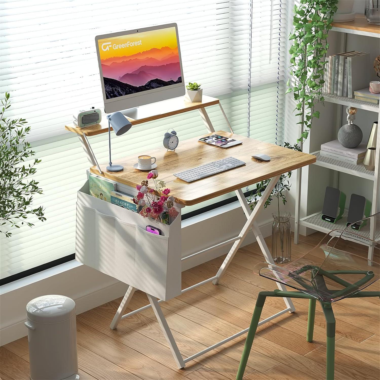 GreenForest Schreibtisch Klappbar 80 cm mit Regal, Aufbewahrungstasche Eiche