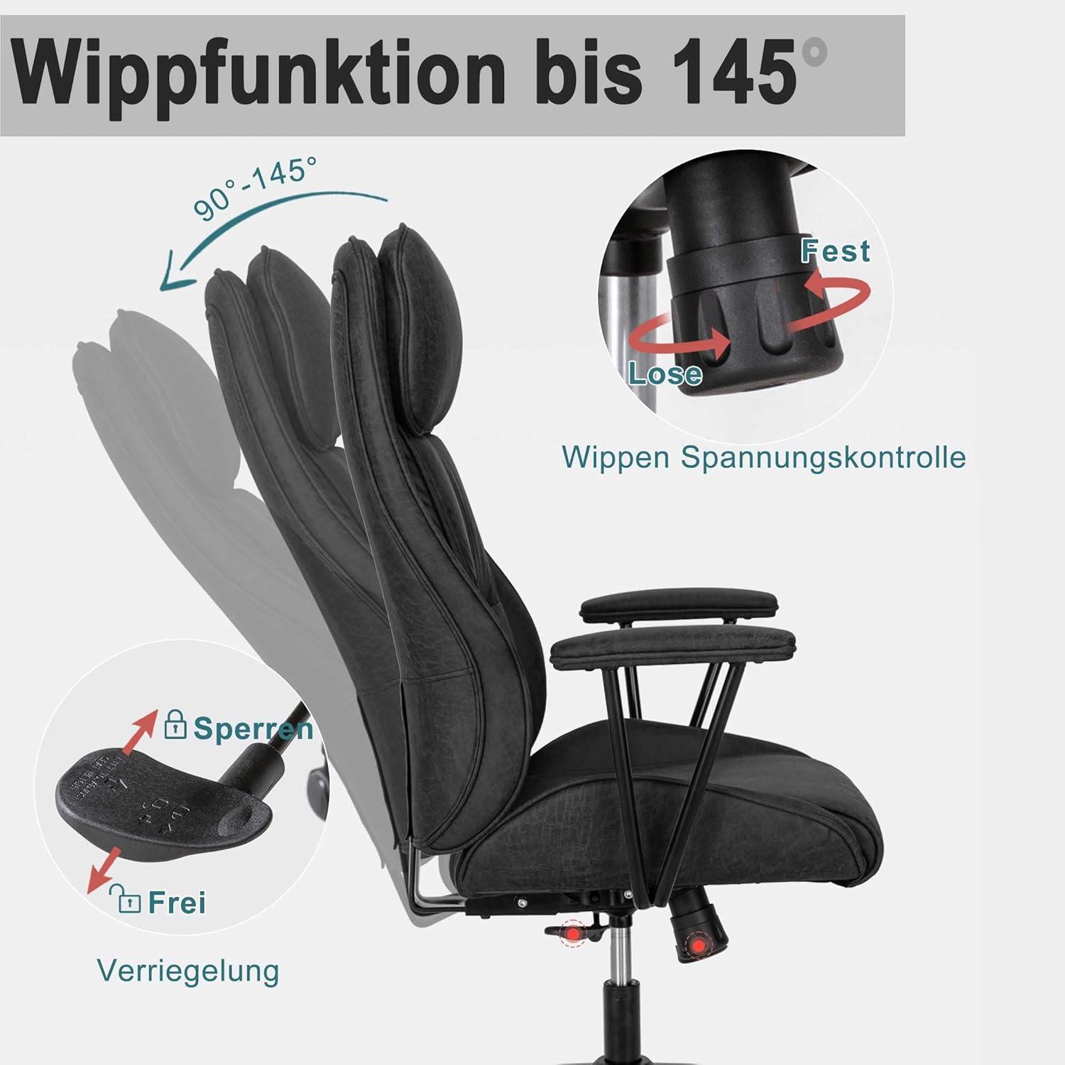 Ergonomischer Bürostuhl mit Kopfstütze Wippfunktion Schwarz Bis 150 kg