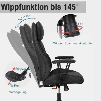 Ergonomischer Bürostuhl mit Kopfstütze Wippfunktion Schwarz Bis 150 kg