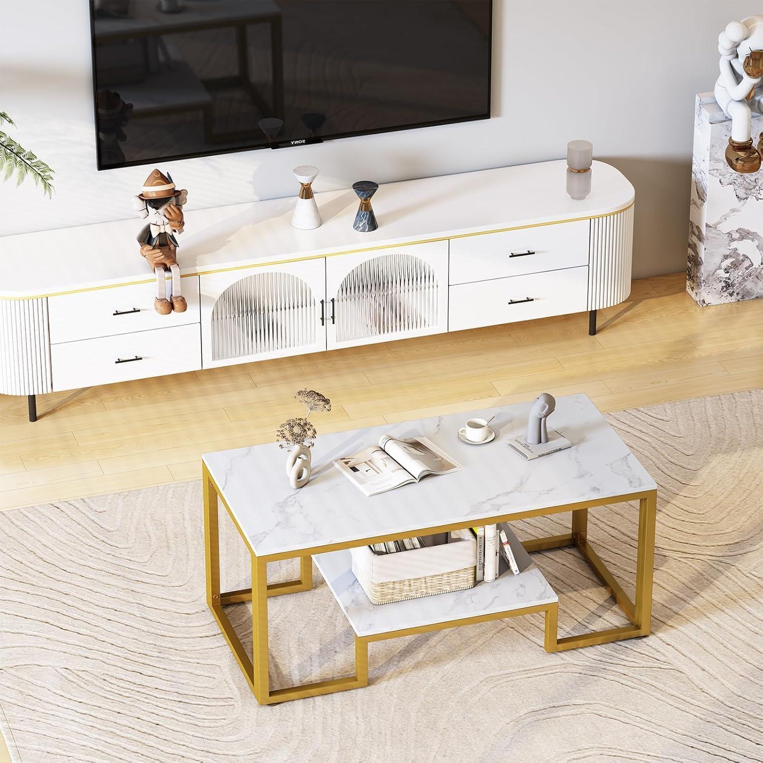 Couchtisch 2 Ebenen Holz Wohnzimmertisch Stauraum 100x48x45cm Marmor