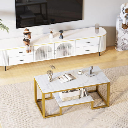 Couchtisch 2 Ebenen Holz Wohnzimmertisch Stauraum 100x48x45cm Marmor