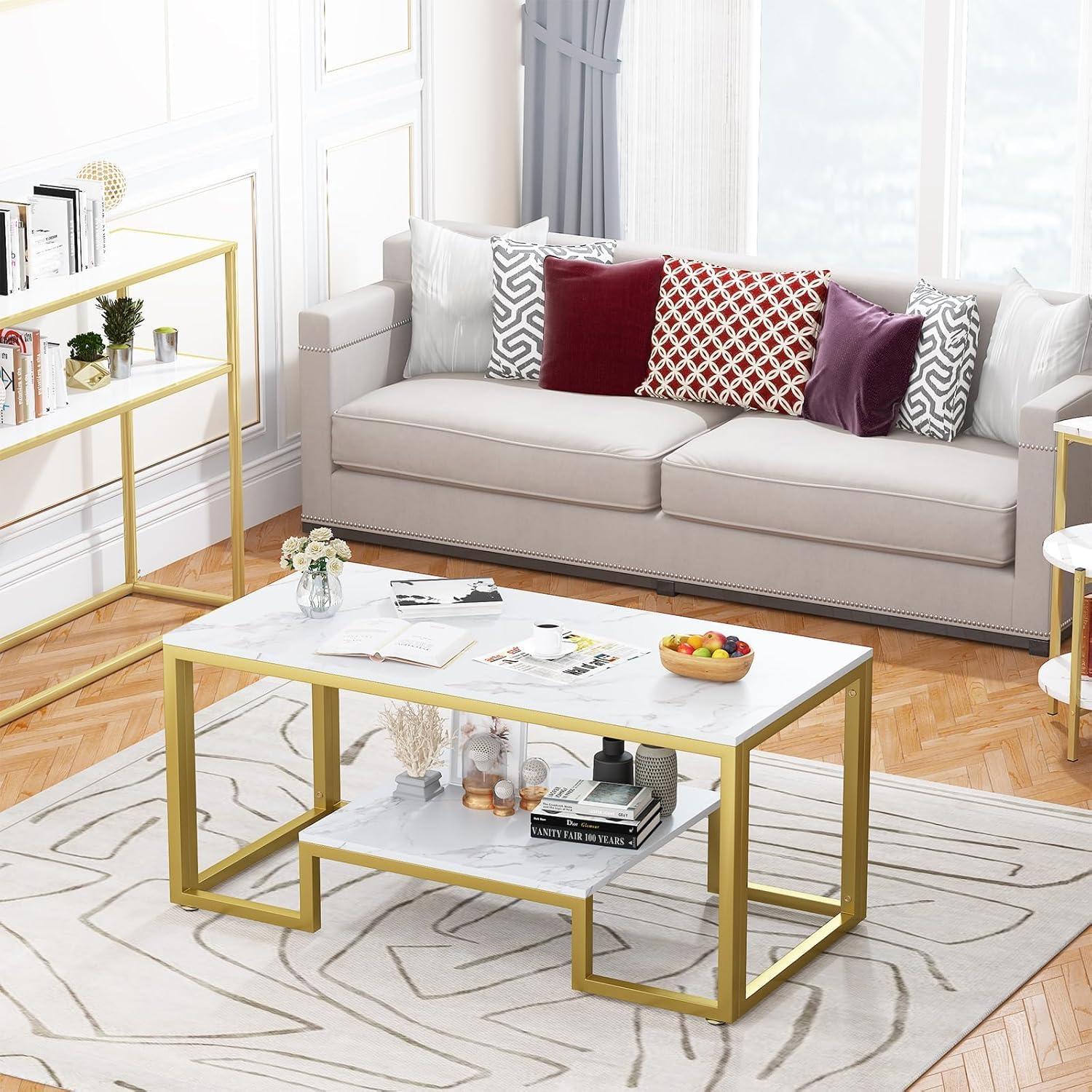 Couchtisch Holz 100x48x45cm Weiß Marmor Stauraum Moderne Stil