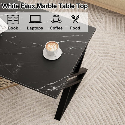 Wohnzimmertisch Holz Schwarz Marmor 100x48x55 cm, Sofatisch, Beistelltisch