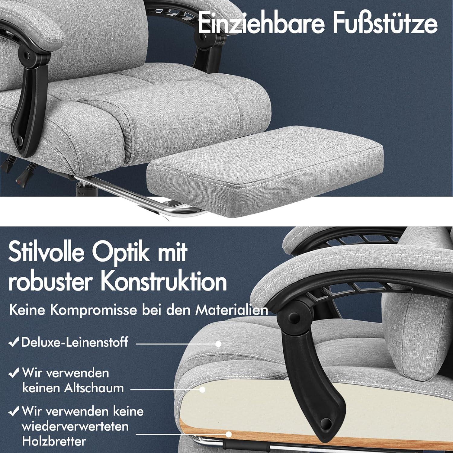 ALFORDSON Bürostuhl mit ergonomischem Hochlehner und 150° Liegeposition - Grau