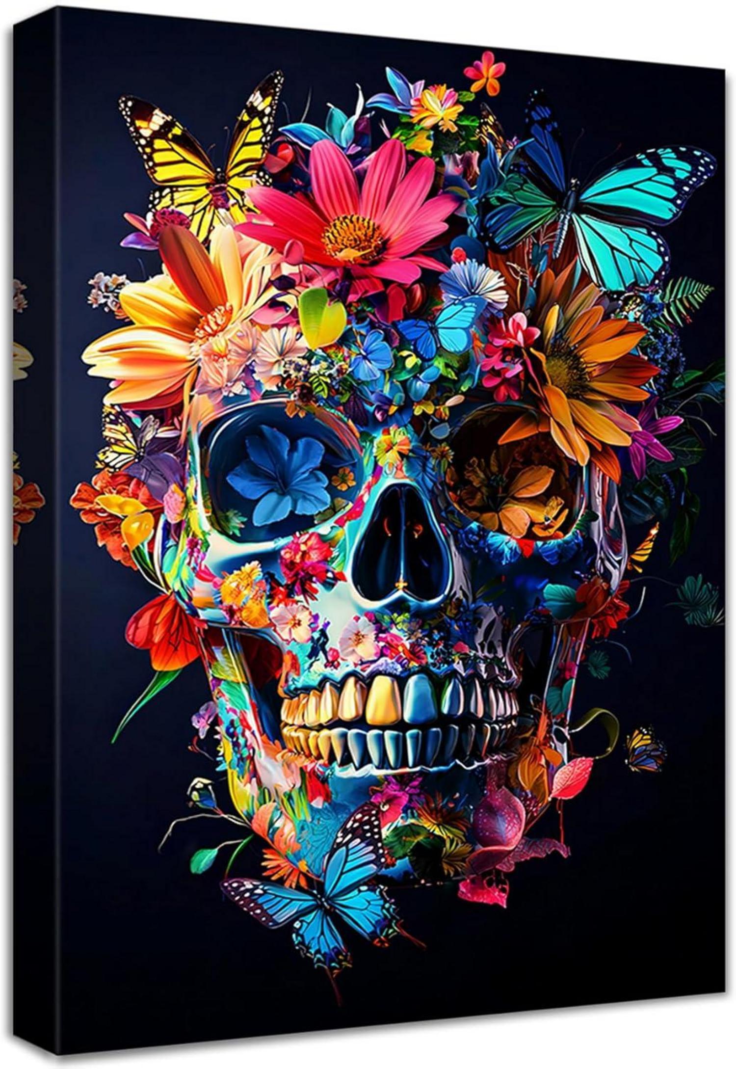 Buntes Chrysantheme Totenkopf Leinwandbild 30x40cm mit Rahmen