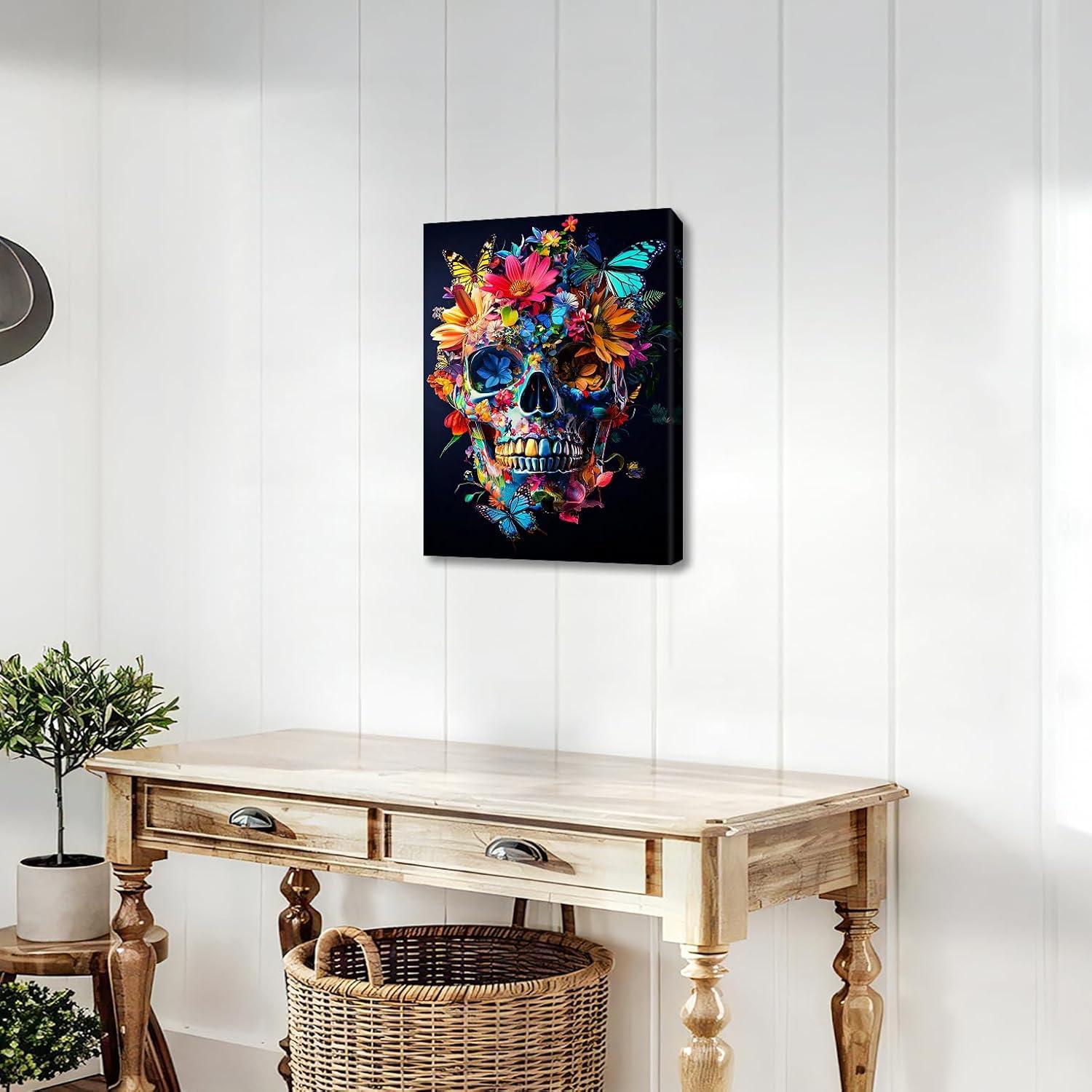 Bunte Chrysantheme Totenkopf Leinwand Bilder Rahmen 30x40cm