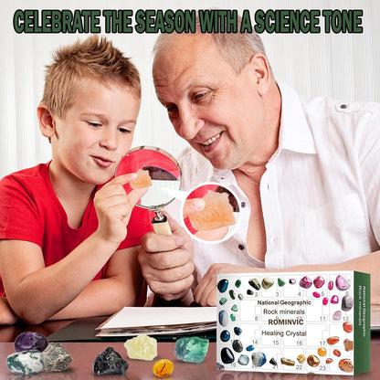 Kinder Adventskalender 2024 mit Kristallen und Mineralien, Geologie Geschenk