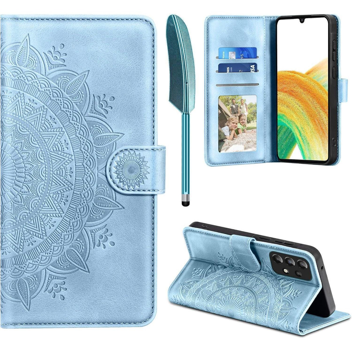 Hülle mit Kartenfach für Samsung Galaxy A33 5G, Himmelblau in Lederoptik