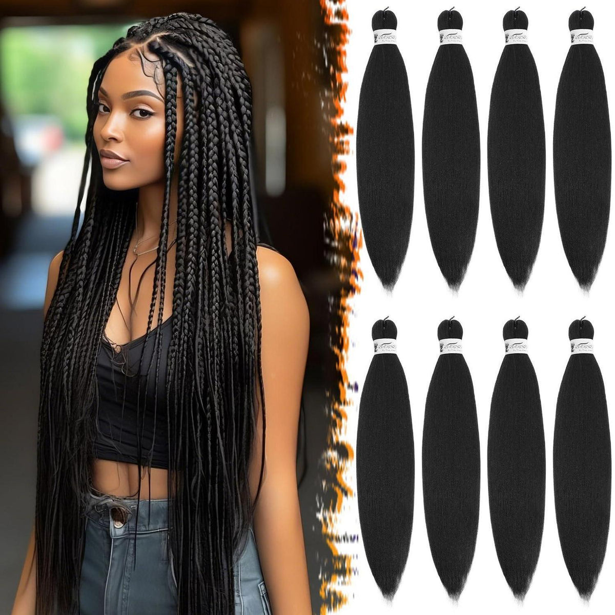 66cm Pre-Stretched Braiding Haar 8er Pack - Jet Schwarz für Zöpfe
