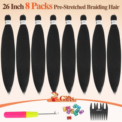 66cm Pre-Stretched Braiding Haar 8er Pack - Jet Schwarz für Zöpfe