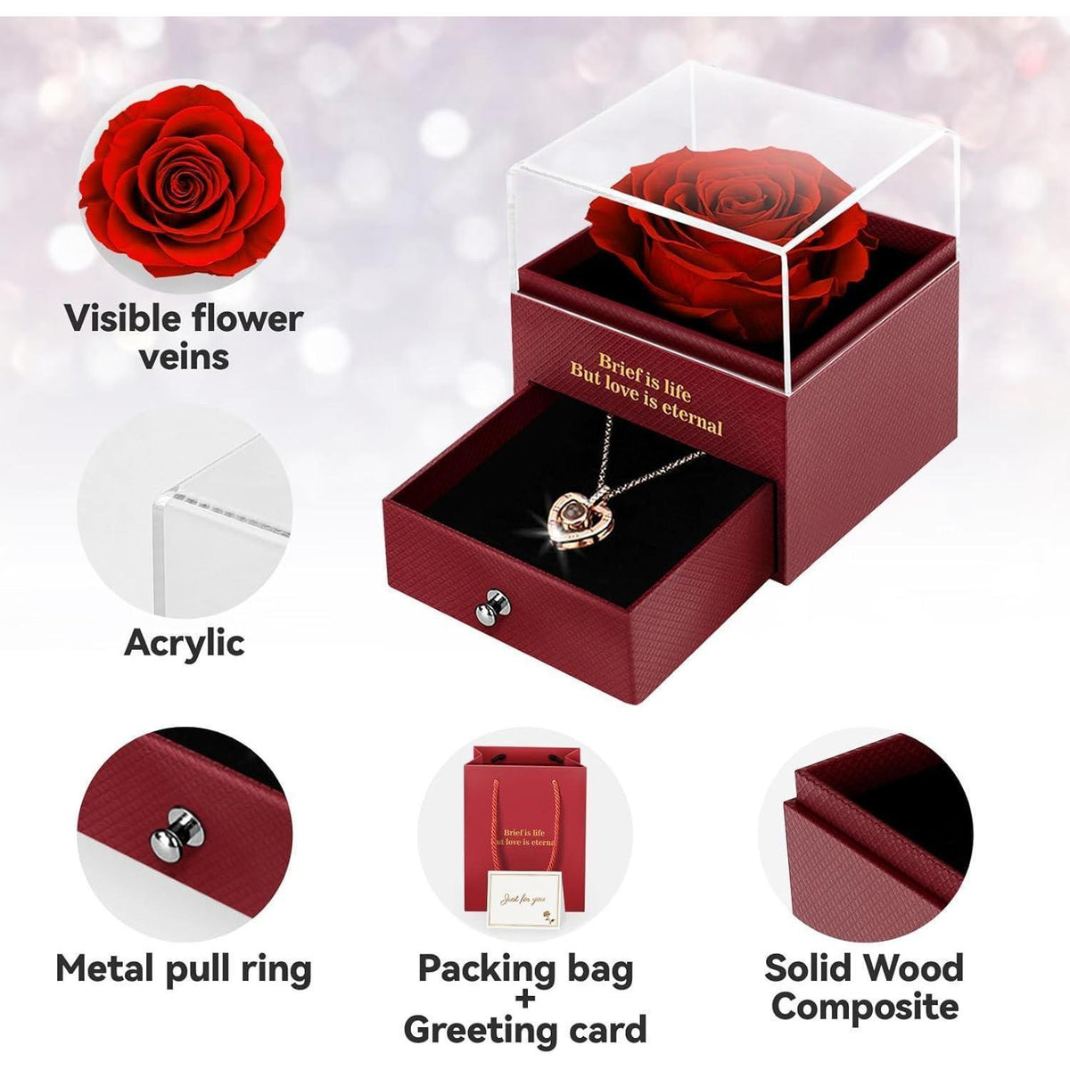 Ewige Rose Geschenkbox mit Kette – 100 Sprachen "I LOVE YOU"